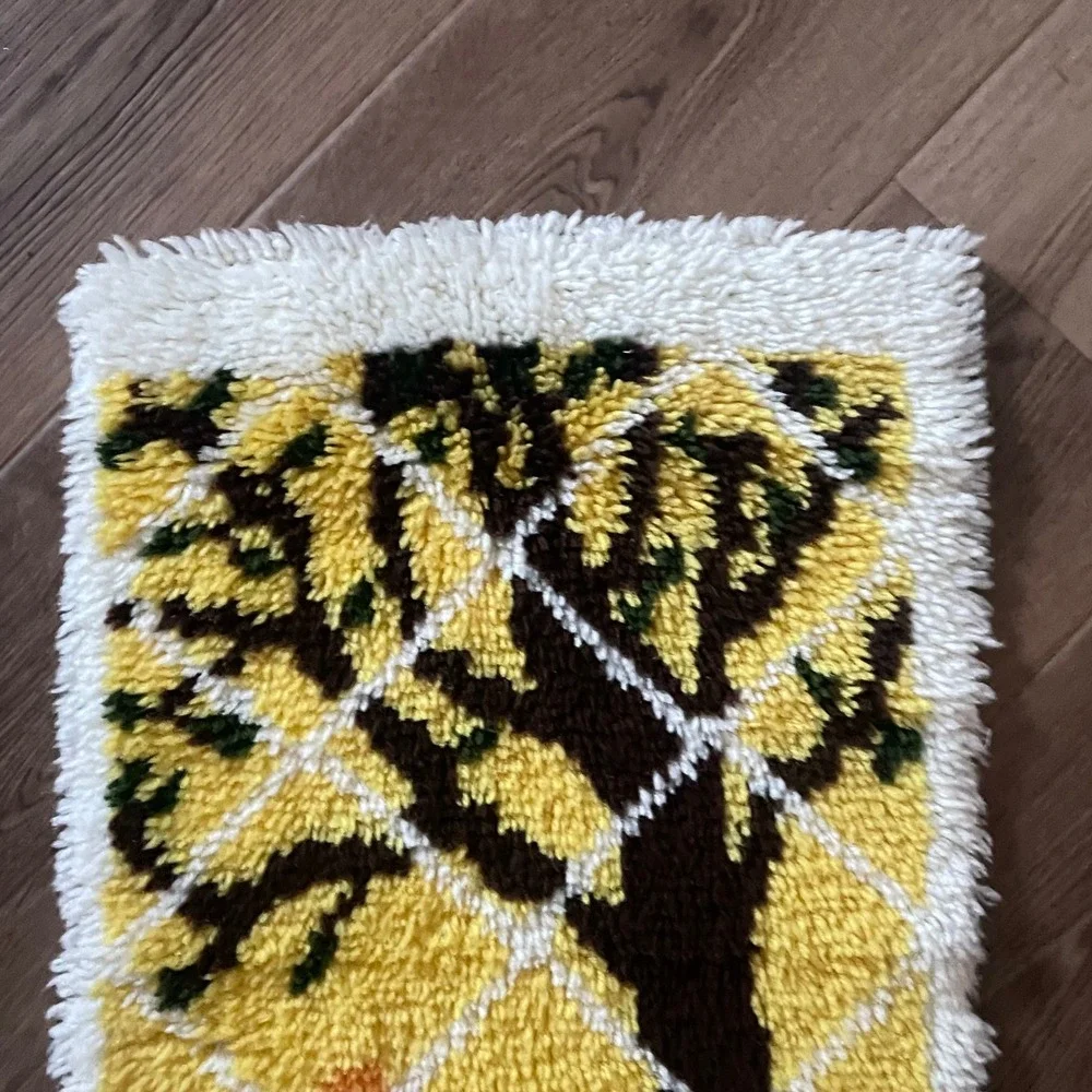 Vintage Latch Hook Wall Hanging Tree Orange Flower Yellow Wool Yarn 60s 70s